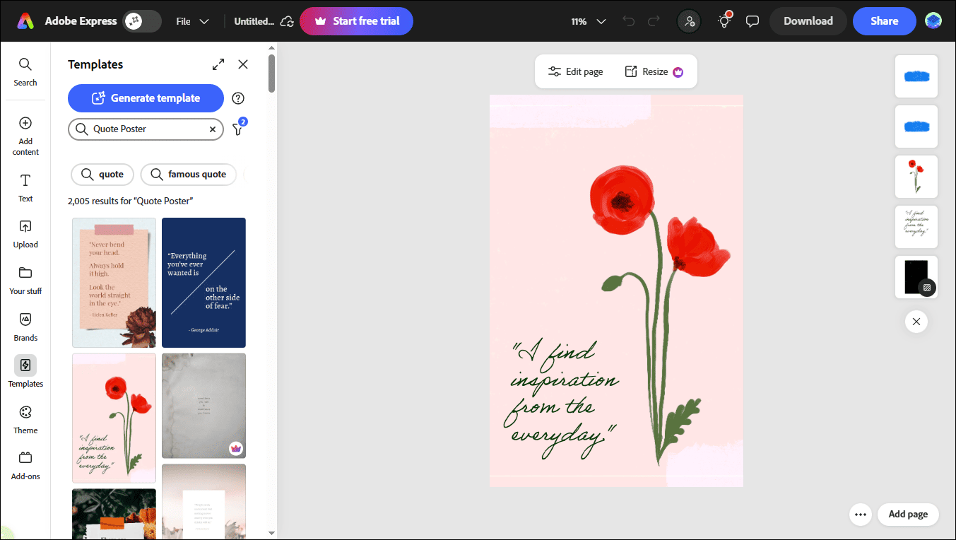 Adobe Express interface showing various templates.