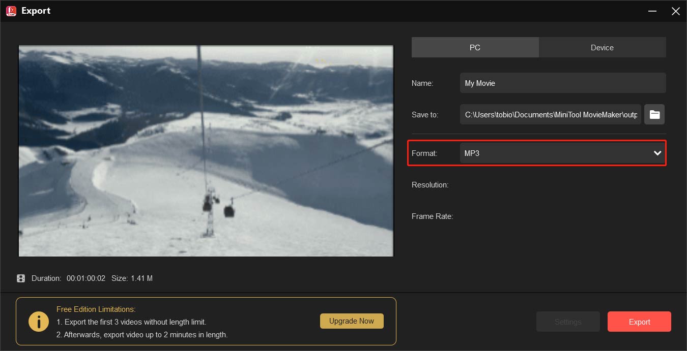 MiniTool MovieMakerで出力形式としてMP3を設定する画面
