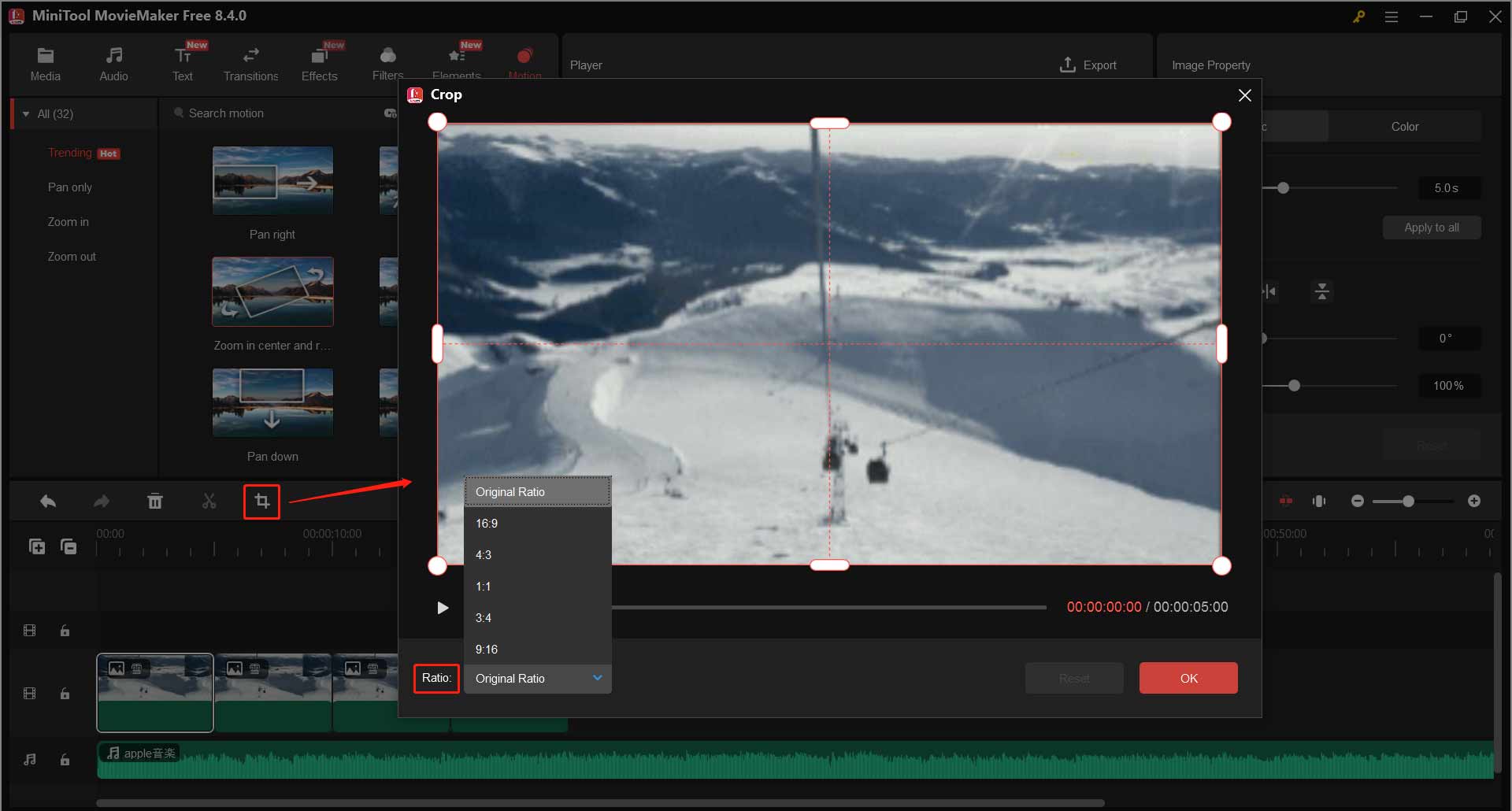 MiniTool MovieMakerでクロップアイコンをクリックした後に表示されるクロップウィンドウ