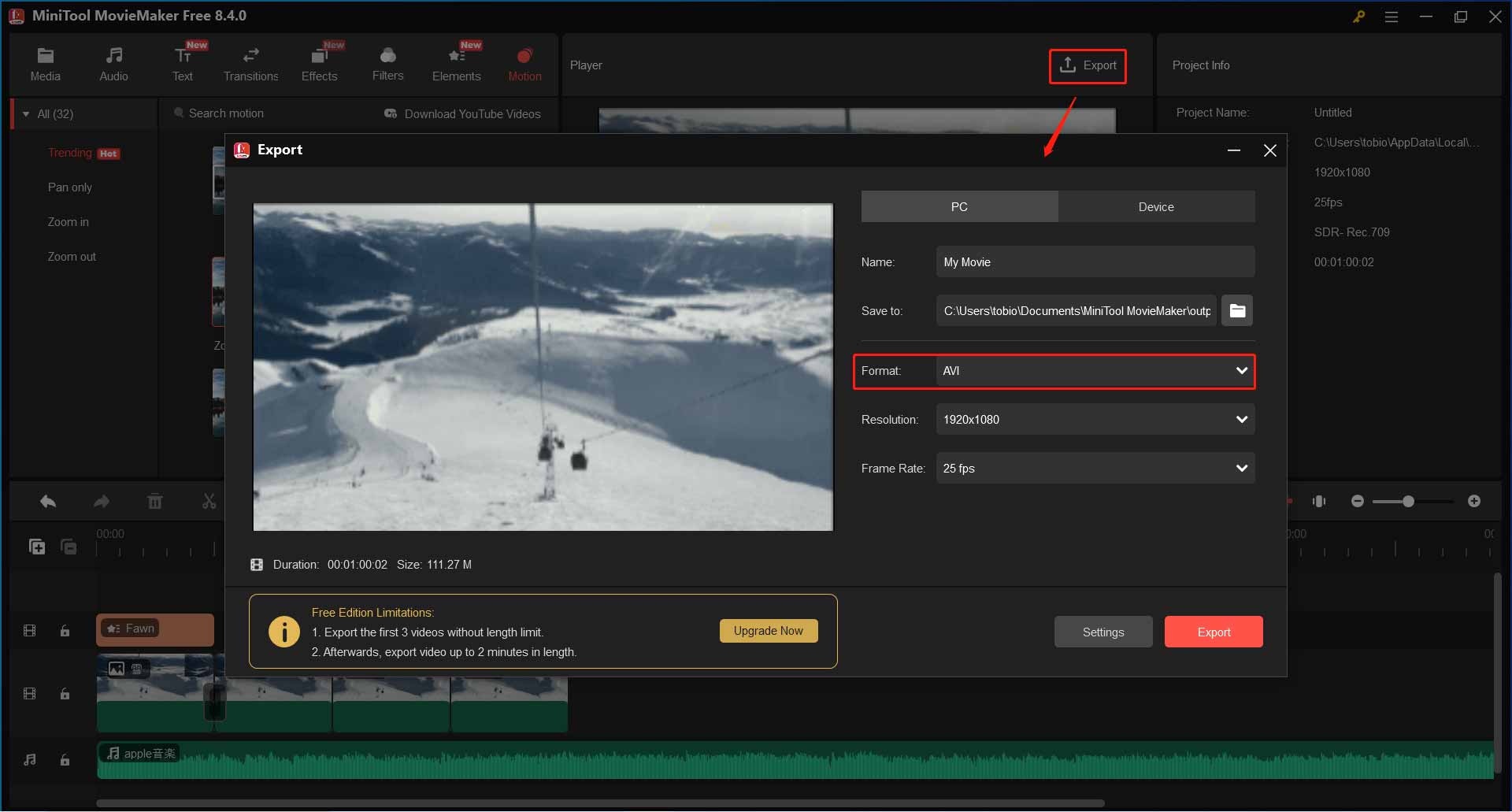 MiniTool MovieMakerでのエクスポートウィンドウ