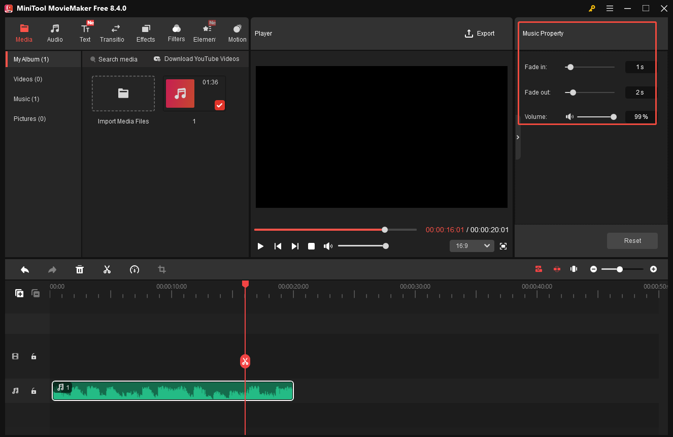 MiniTool MovieMaker-Oberfläche mit hervorgehobenem Bereich Musikeigenschaften.