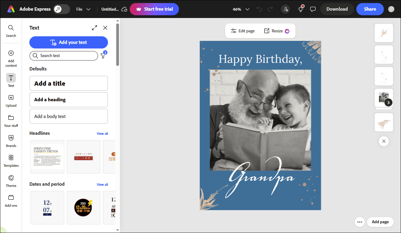 The main editing interface of Adobe Express.