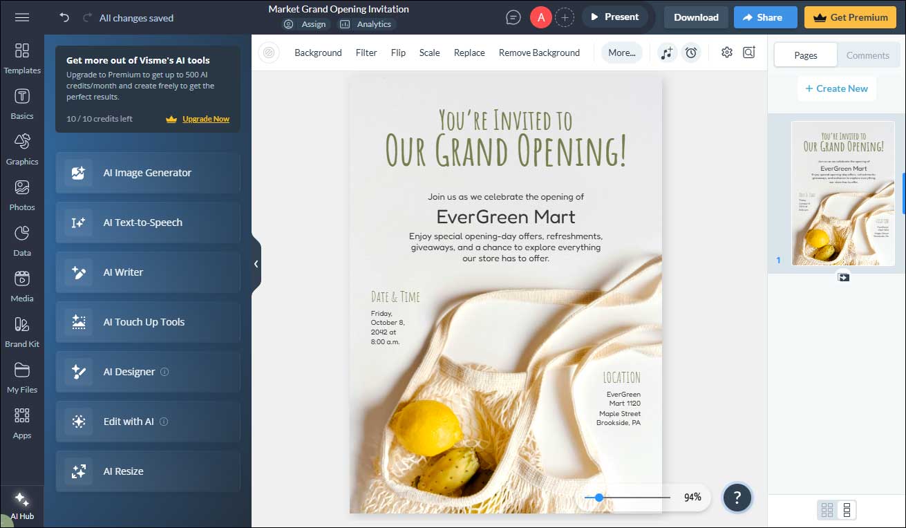 The main editing interface of Visme.