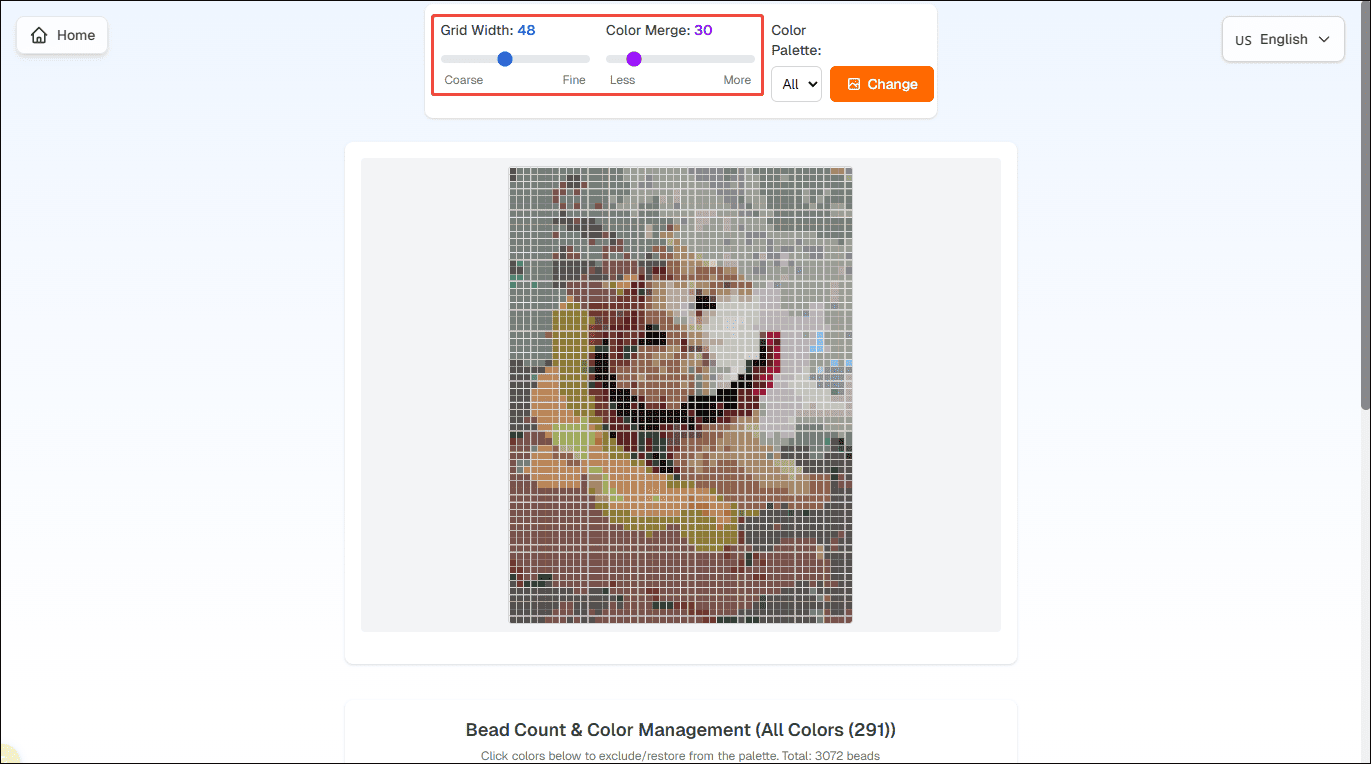 Pixel Beads interface with the highlighted Grid Width and Color Merger options.