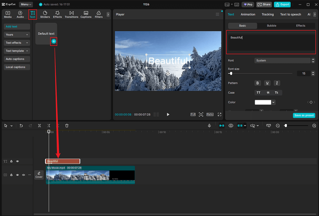 CapCut with the Default text option selected.
