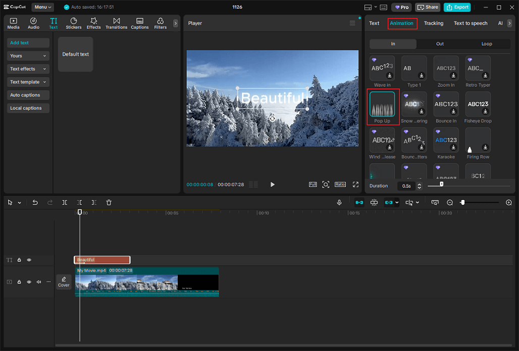 CapCut’s Animation section with the Pop Up option selected.