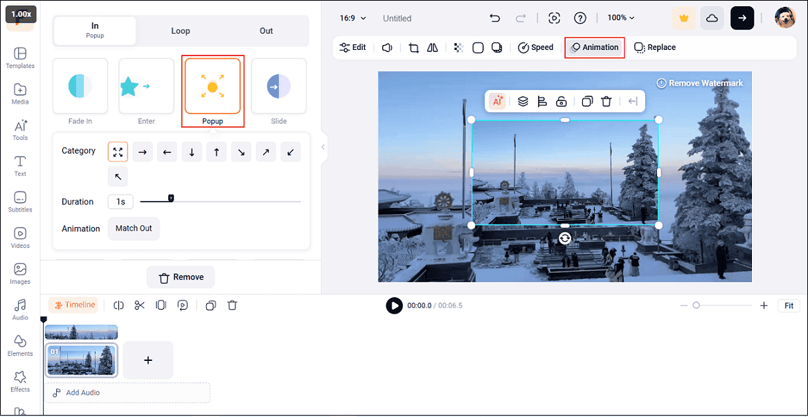 FlexClip’s Animation section with the Popup option selected.