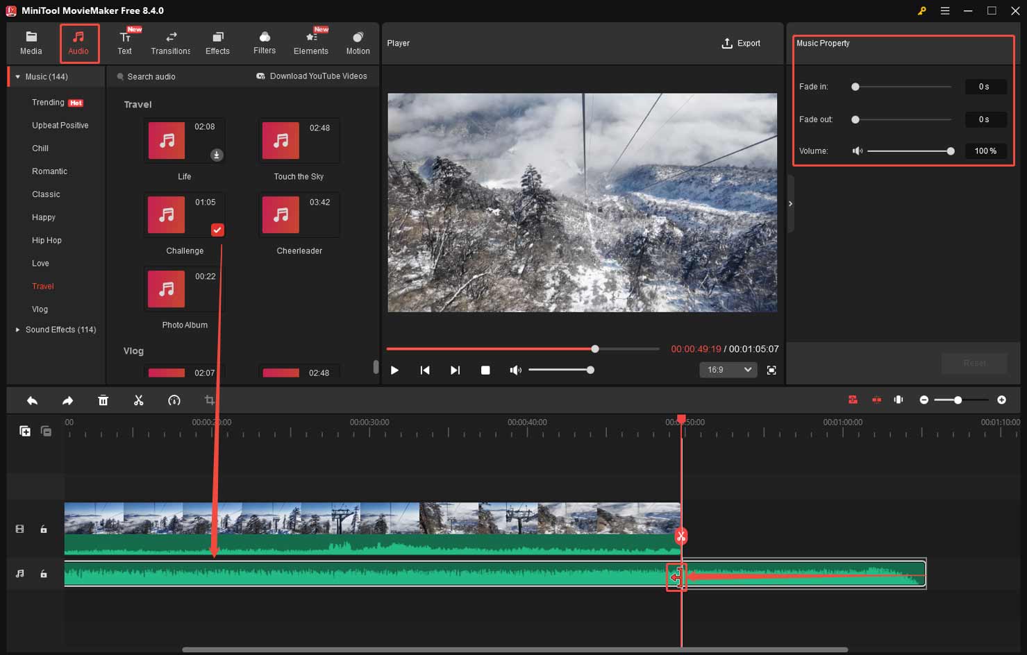 MiniTool MovieMakerで追加した音声を動画の長さに合わせるために余計な部分をトリミングする様子