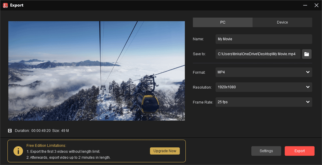 MiniTool MovieMakerで編集した動画をエクスポートする際に開かれた出力設定ウィンドウ