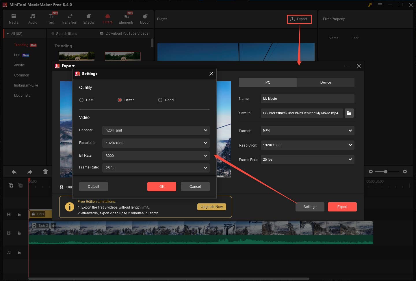 MiniTool MovieMakerでフィルターをかけた動画のパラメータをカスタマイズしてエクスポートするスクリーンショット