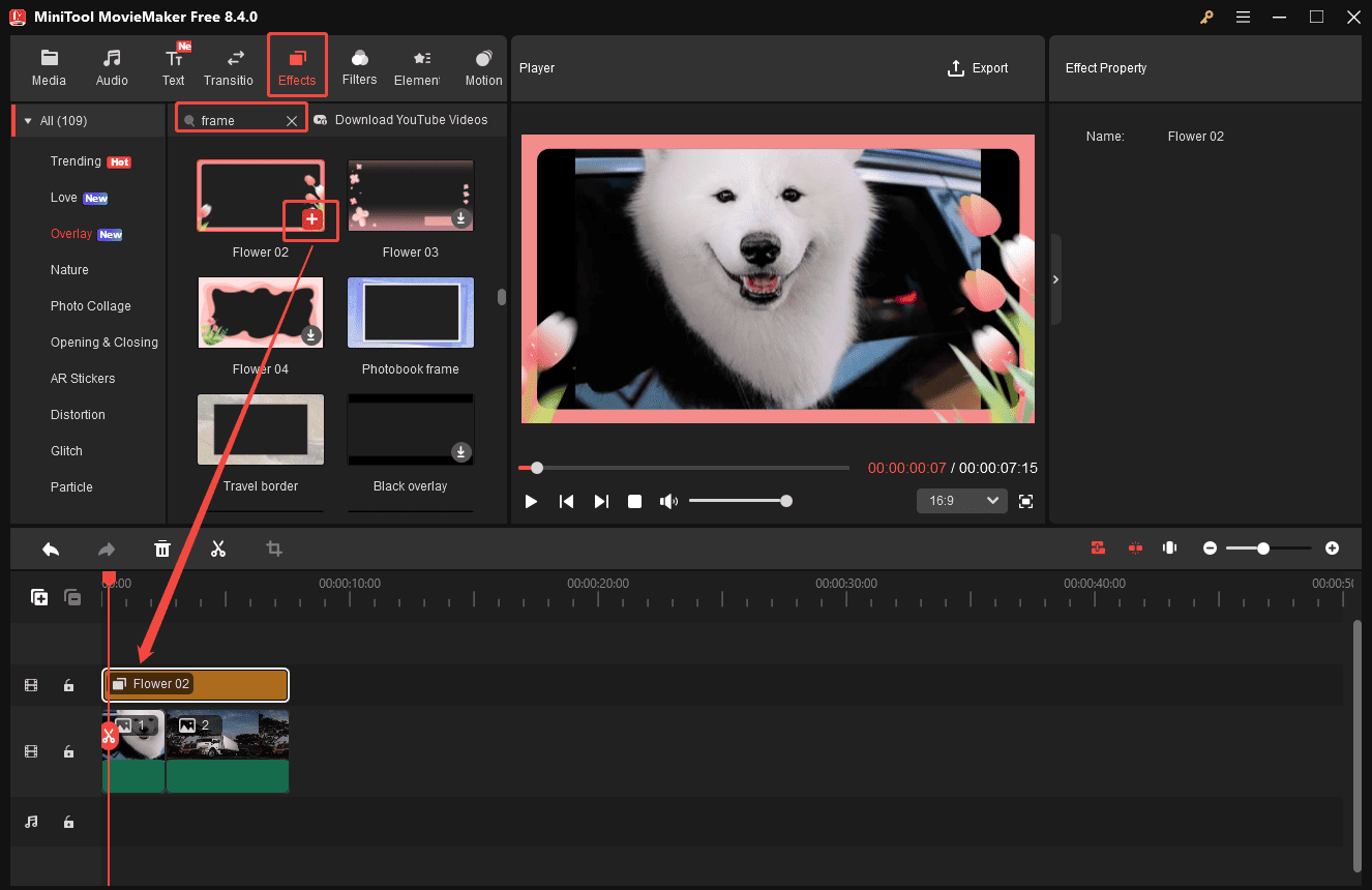 MiniTool MovieMaker-Oberfläche, die zeigt, wie man Fotorahmen-Effekte hinzufügt.