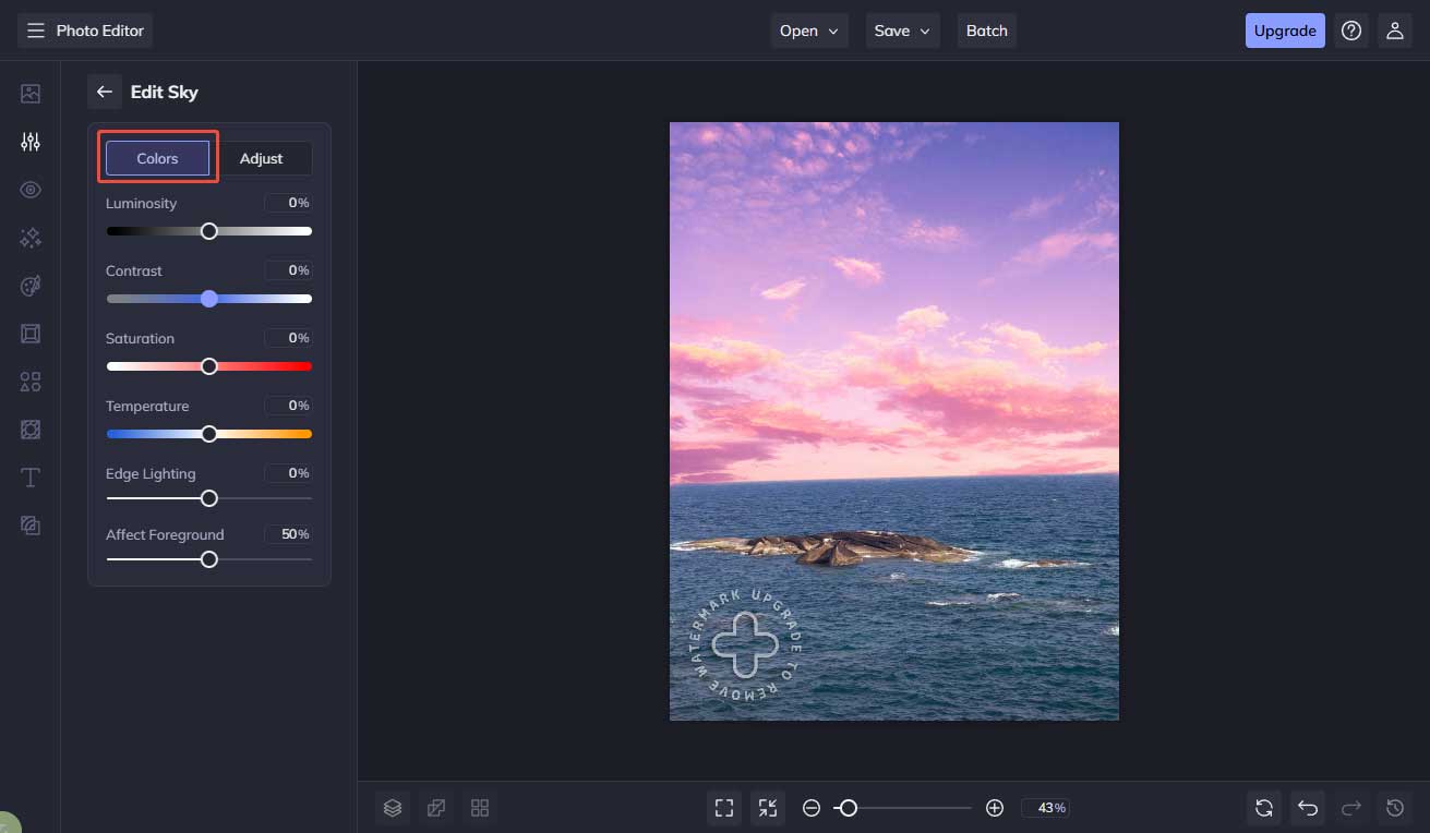 BeFunky interface with the highlighted Colors option.
