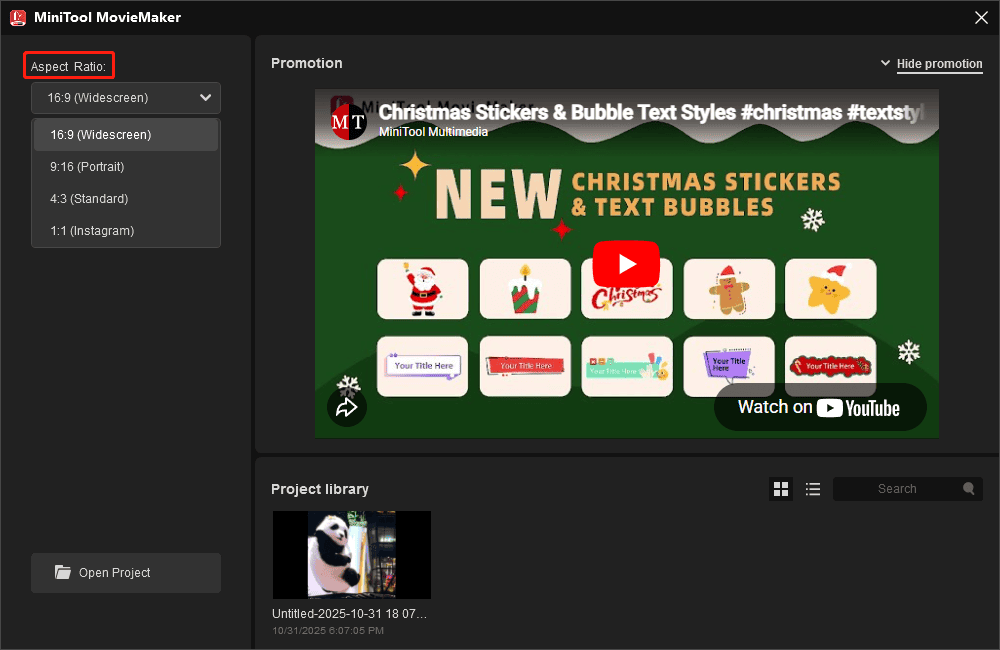 MiniTool MovieMakerで「Aspect Ratio」メニューを展開した状態