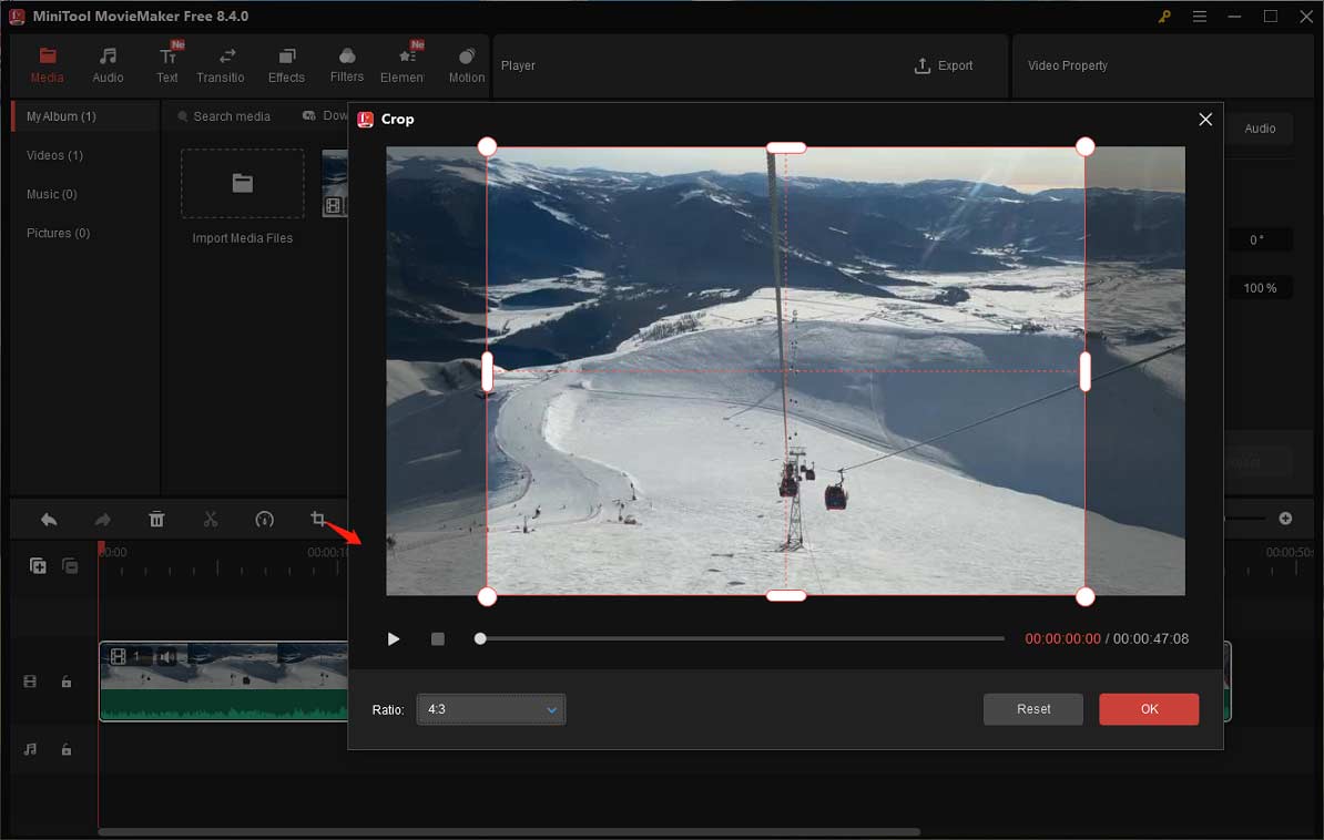 MiniTool MovieMakerでクロップアイコンをクリックした後に表示されるクロップウィンドウ