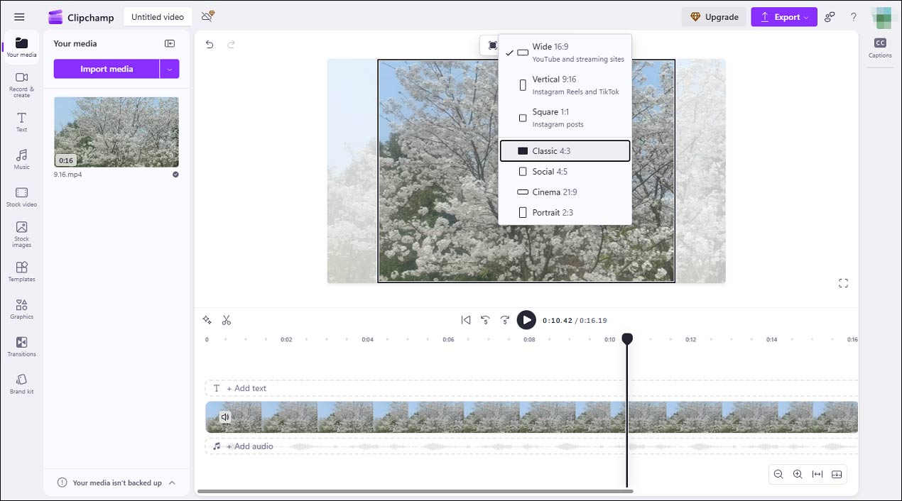 Clipchamp online video editor interface showing how to change the aspect ratio of videos.