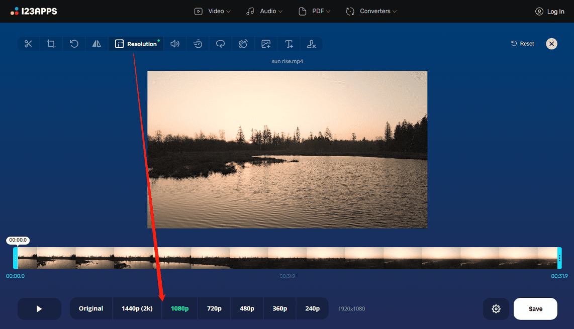 Online Video Cutter interface showing how to change the resolution of a video.