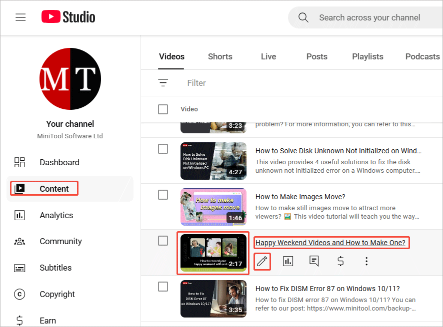 The Content tab in YouTube Studio with the 3 video editing page entrances selected.