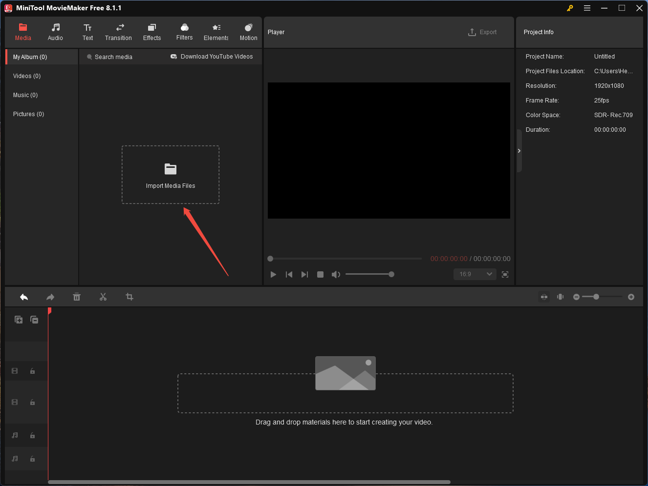 MiniTool MovieMaker default interface with an arrow pointing to the Import Media Files option.