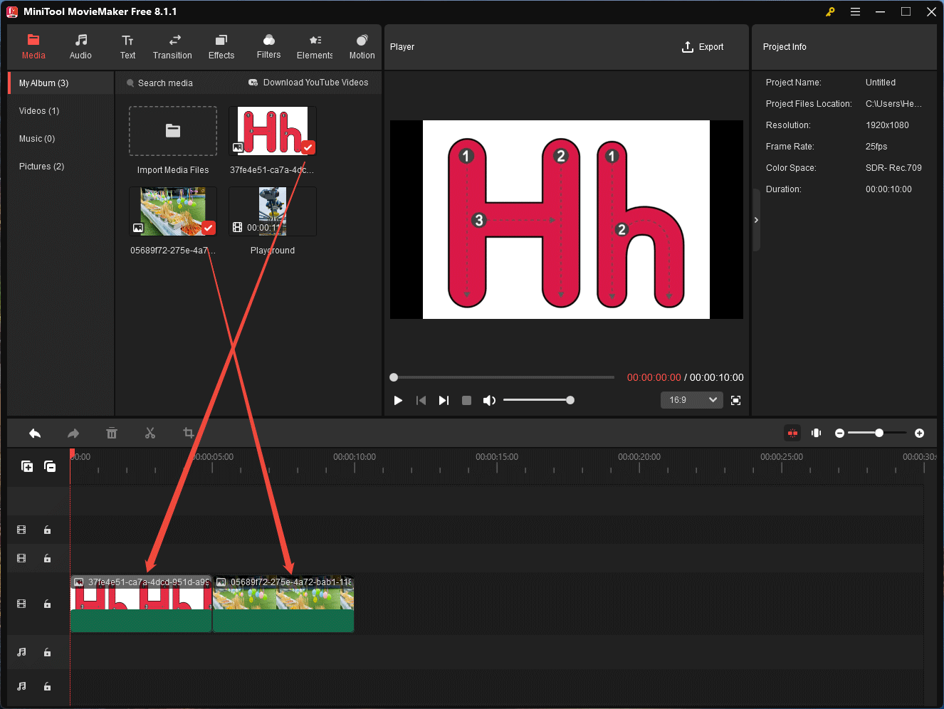 MiniTool MovieMaker default interface showing how to add media files to the timeline and set video aspect ratio.