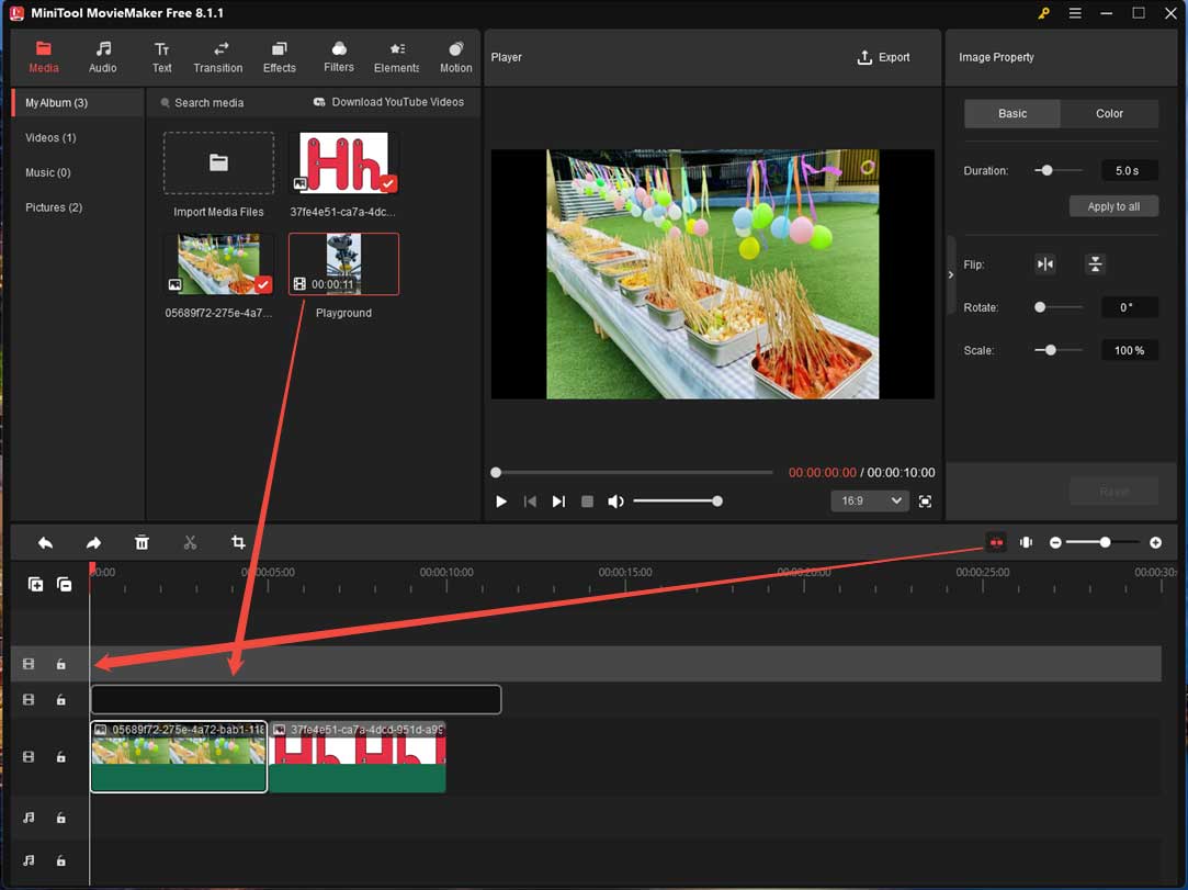 MiniTool MovieMaker default interface showing how to add video overlay to the timeline.