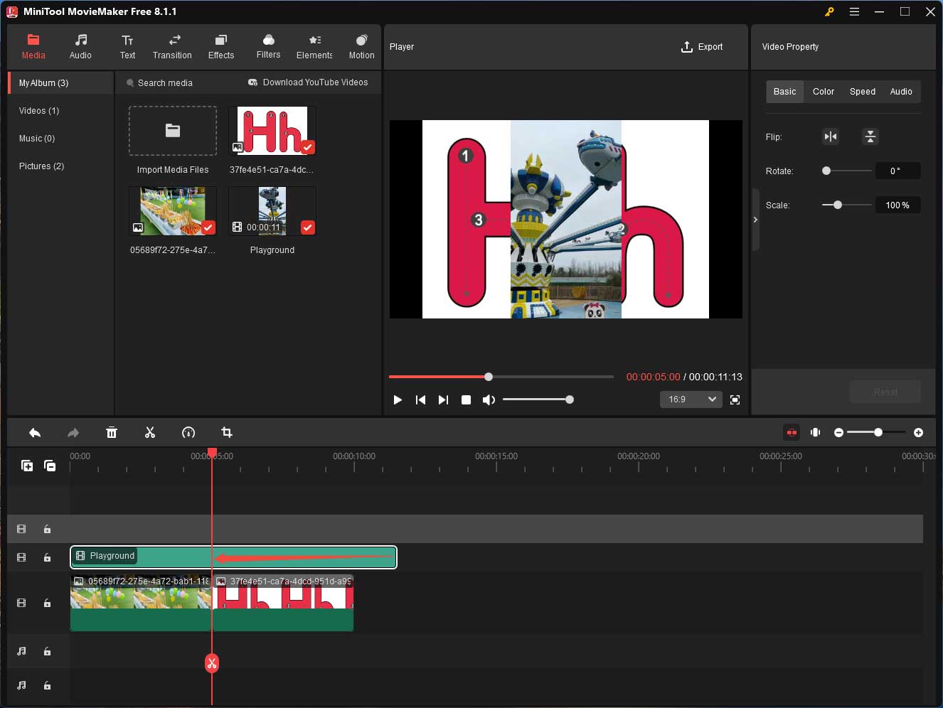 MiniTool MovieMaker default interface showing how to change overlay duration on the timeline.