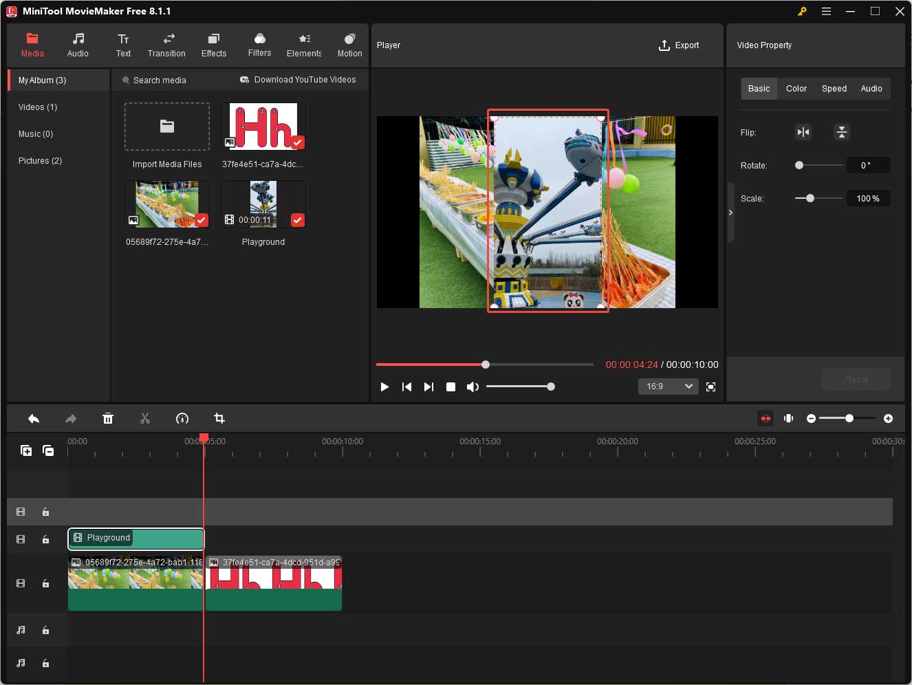 MiniTool MovieMaker default interface showing how to resize and change the location of the overlay in the preview window.