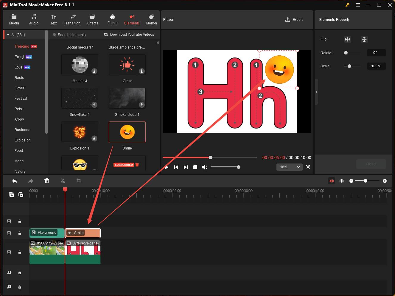 MiniTool MovieMaker Elements interface showing how to add an sticker to the video.