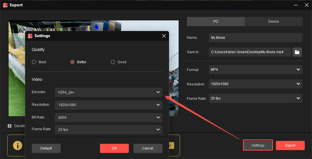 MiniTool MovieMaker Export interface showing how to trigger the output Settings window.