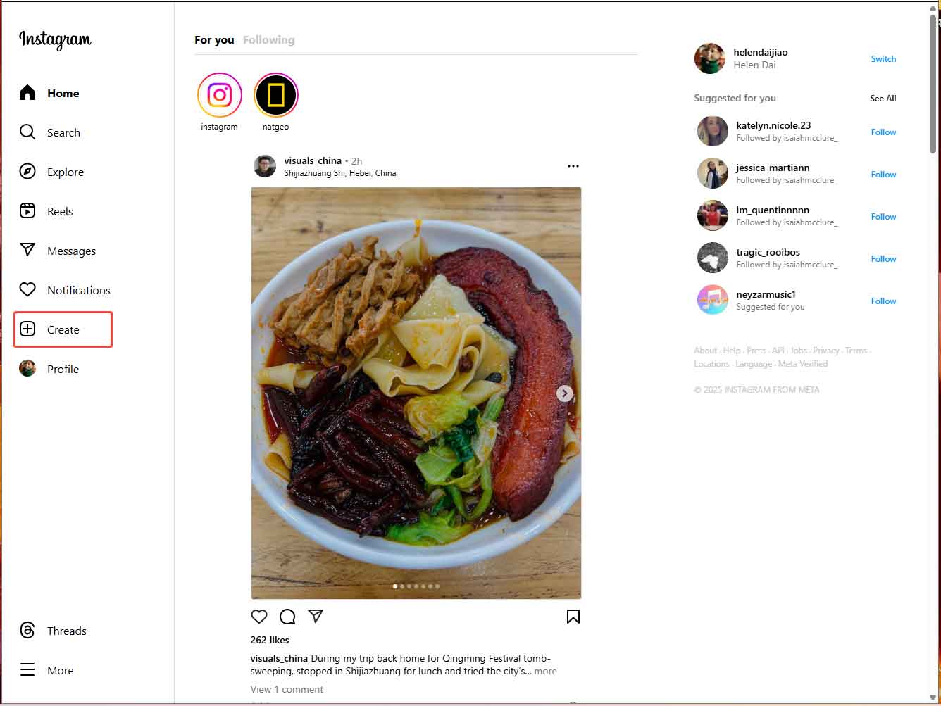 Instagram homepage with the Create option selected from the left menu to create new reels.