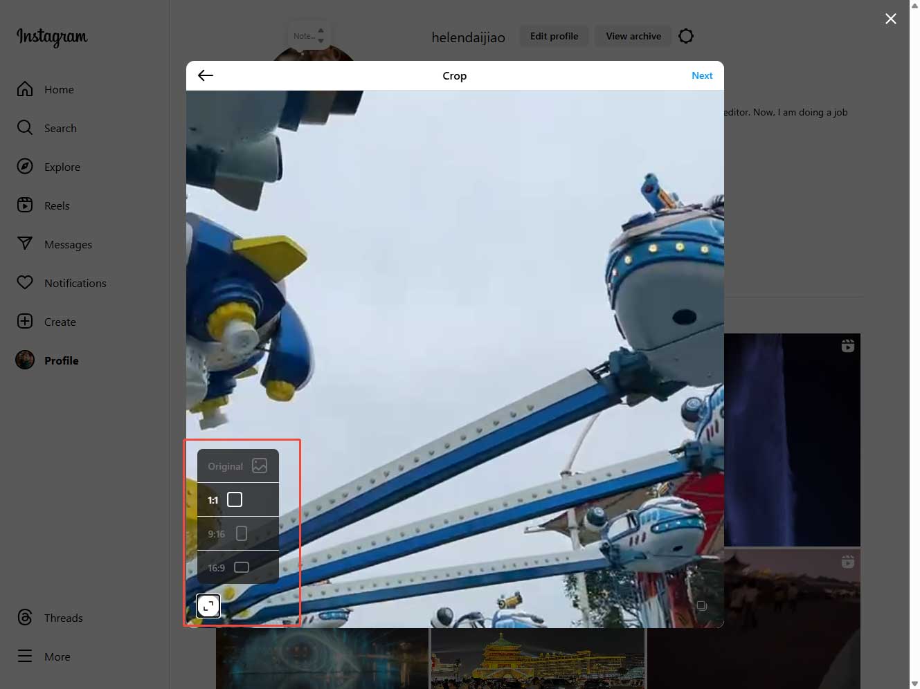 The Crop popup during the Instagram video uploading process with the aspect options unfolded.