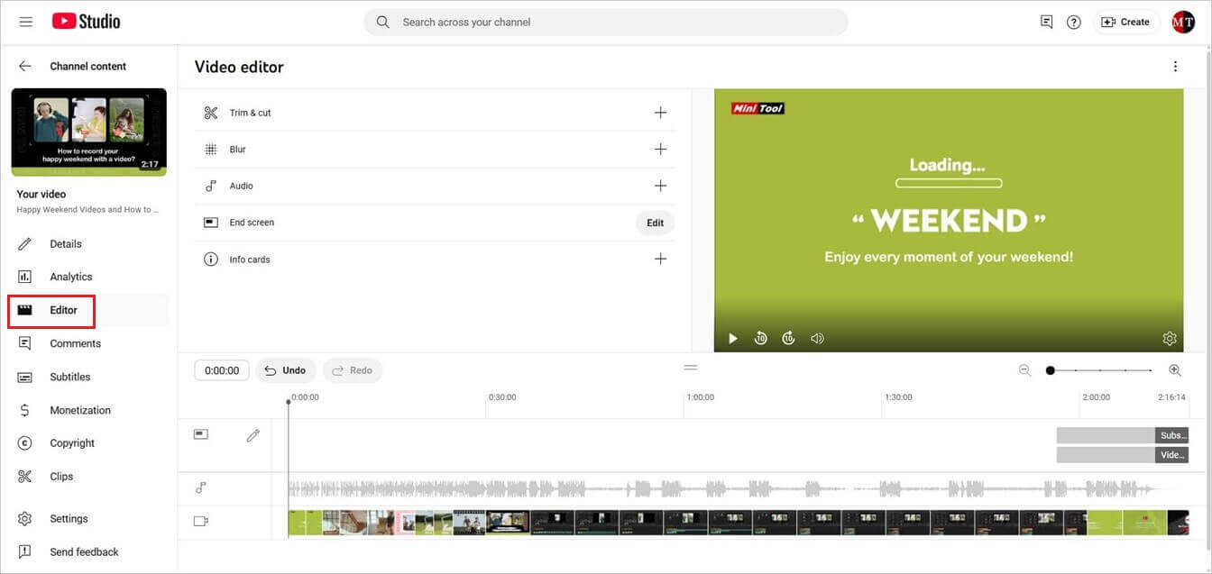 Video editor page in YouTube Studio.