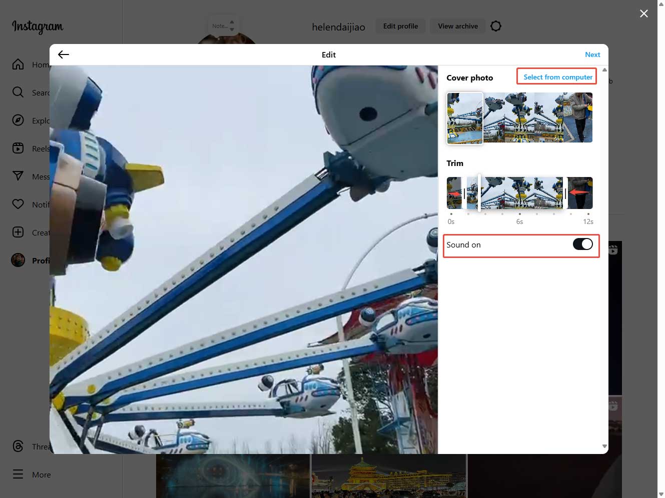 The Edit window during the Instagram video uploading process showing how to edit cover, trim video and mute sound.