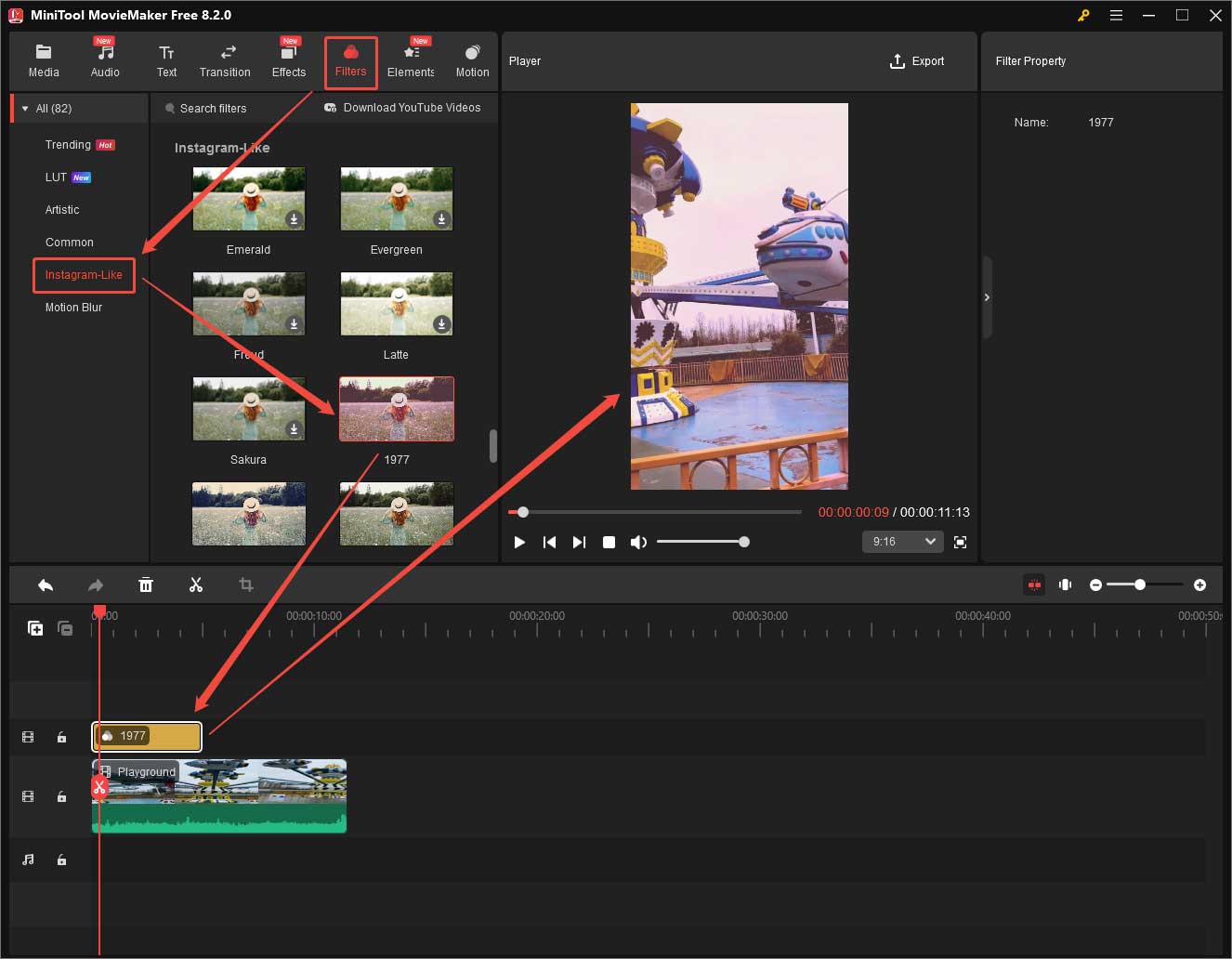 MiniTool MovieMaker interface showing how to add an Instagram-like filter to a video and preview the effect.