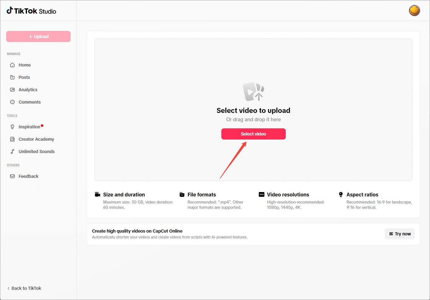TikTok Studio page with an arrow pointing to the Select video button.