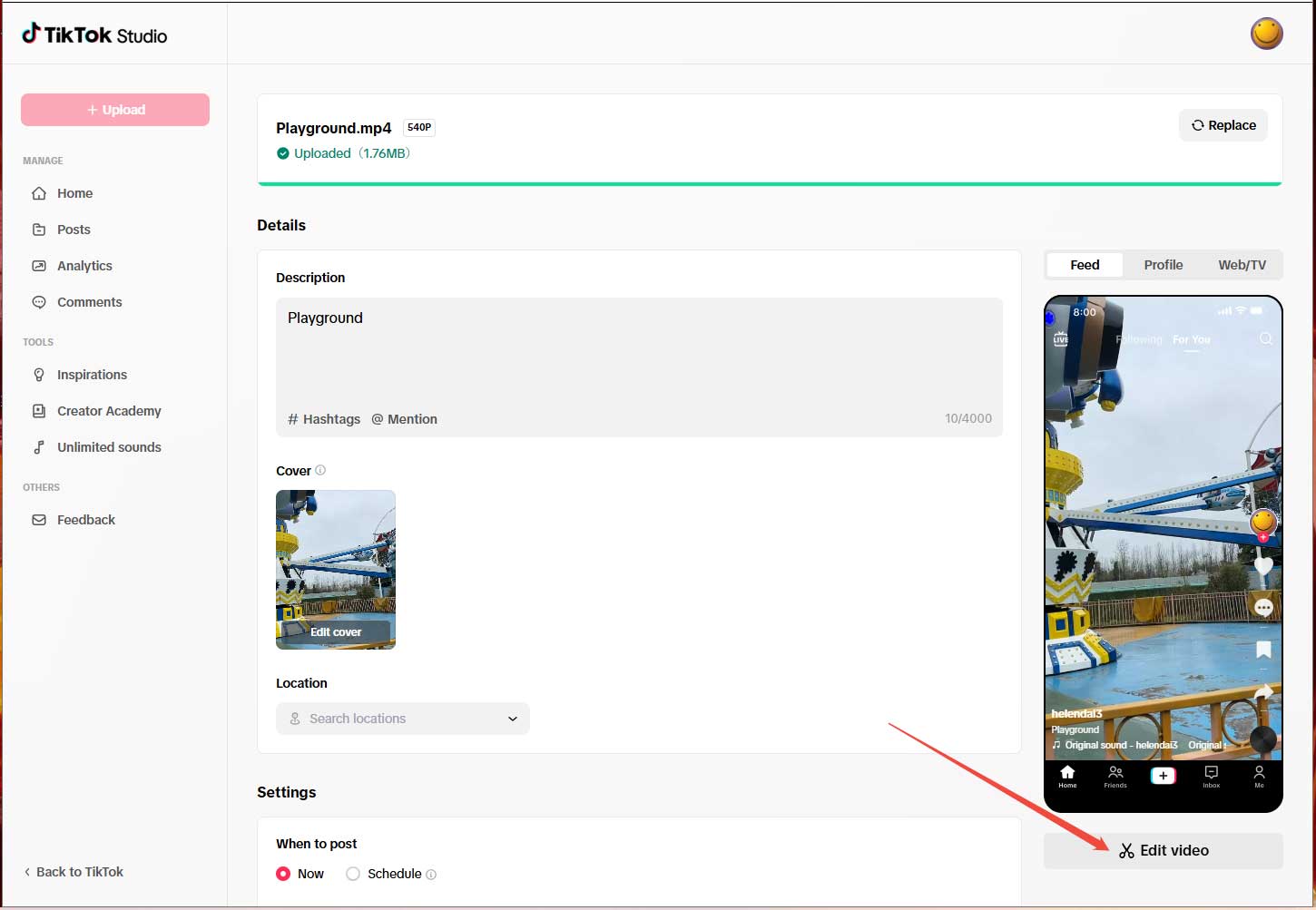 TikTok Studio page with an arrow pointing to the Edit video option.