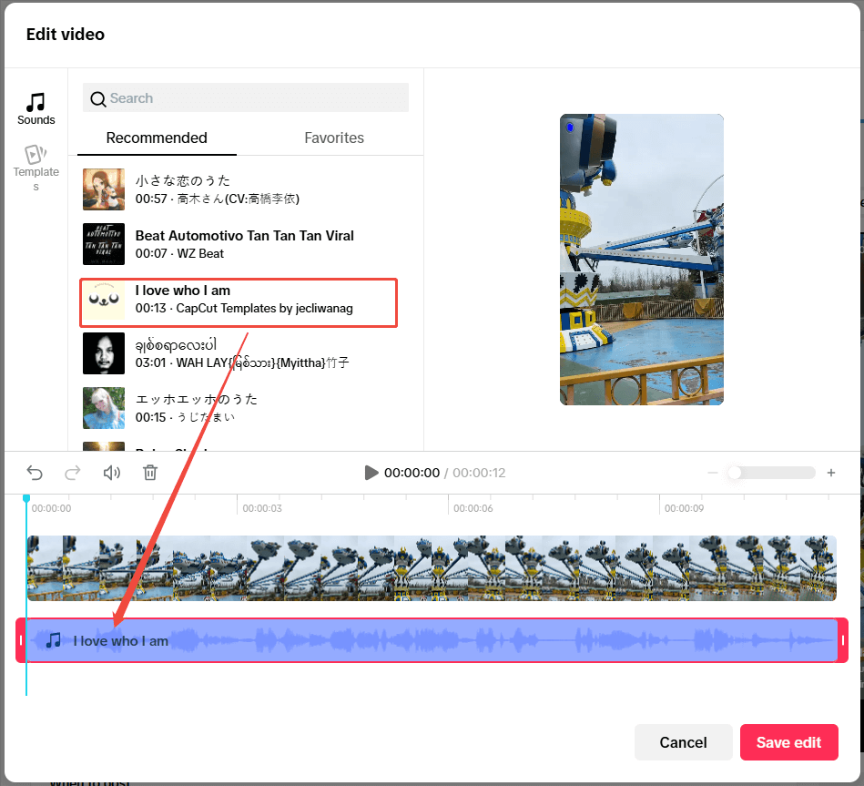 TikTok Studio Edit video page showing how to add background music to a video.