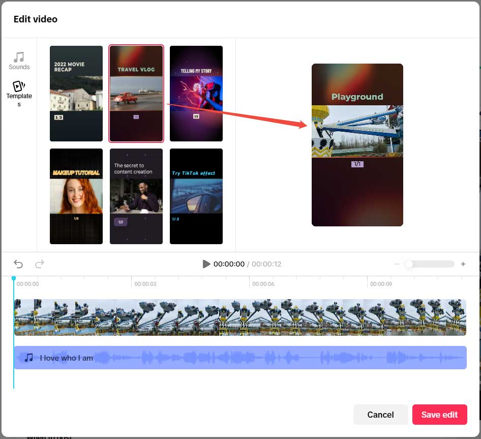 TikTok Studio Edit video page showing how to add a template to a video and preview it.