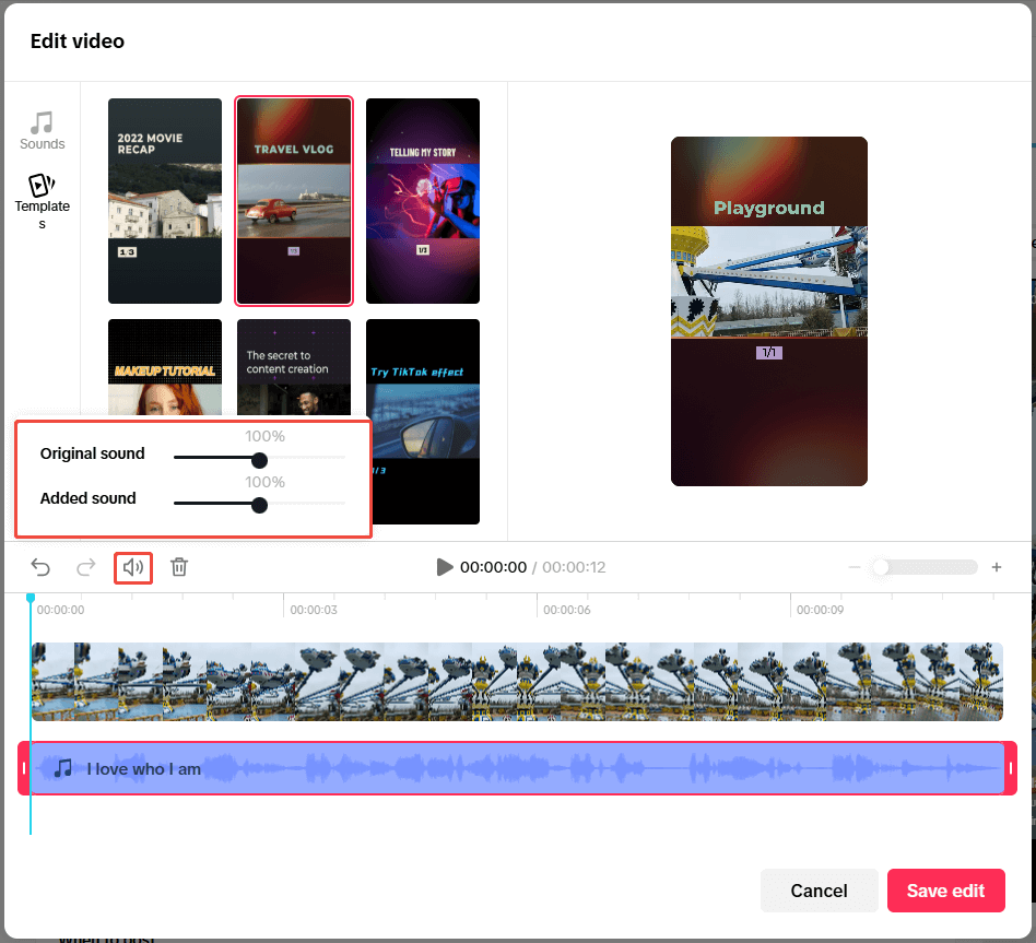 TikTok Studio Edit video page with the timeline sound options expanded.