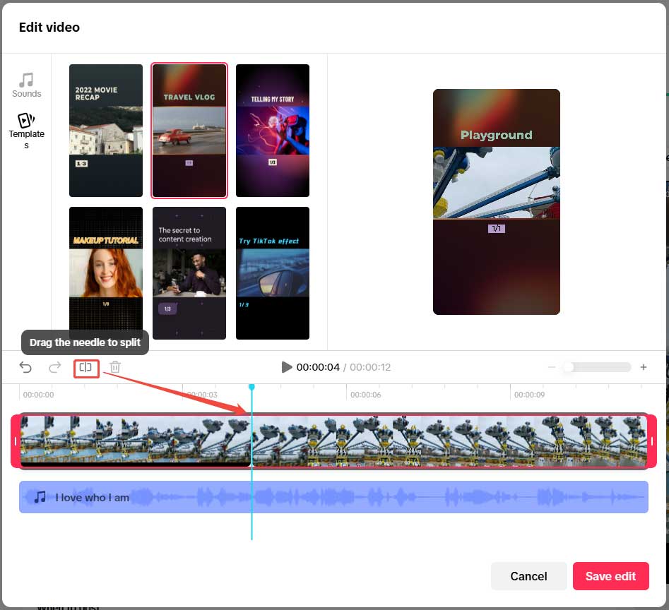 TikTok Studio Edit video page showing how to split a video.