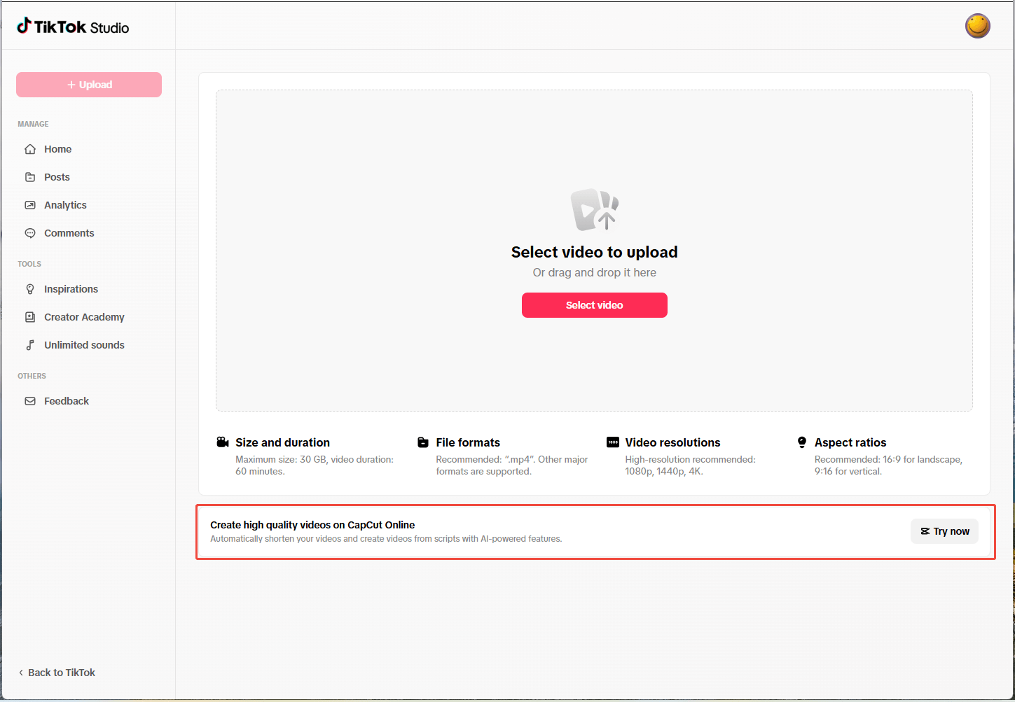 TikTok Studio page with the Create high quality videos on CapCut Online section highlighted.