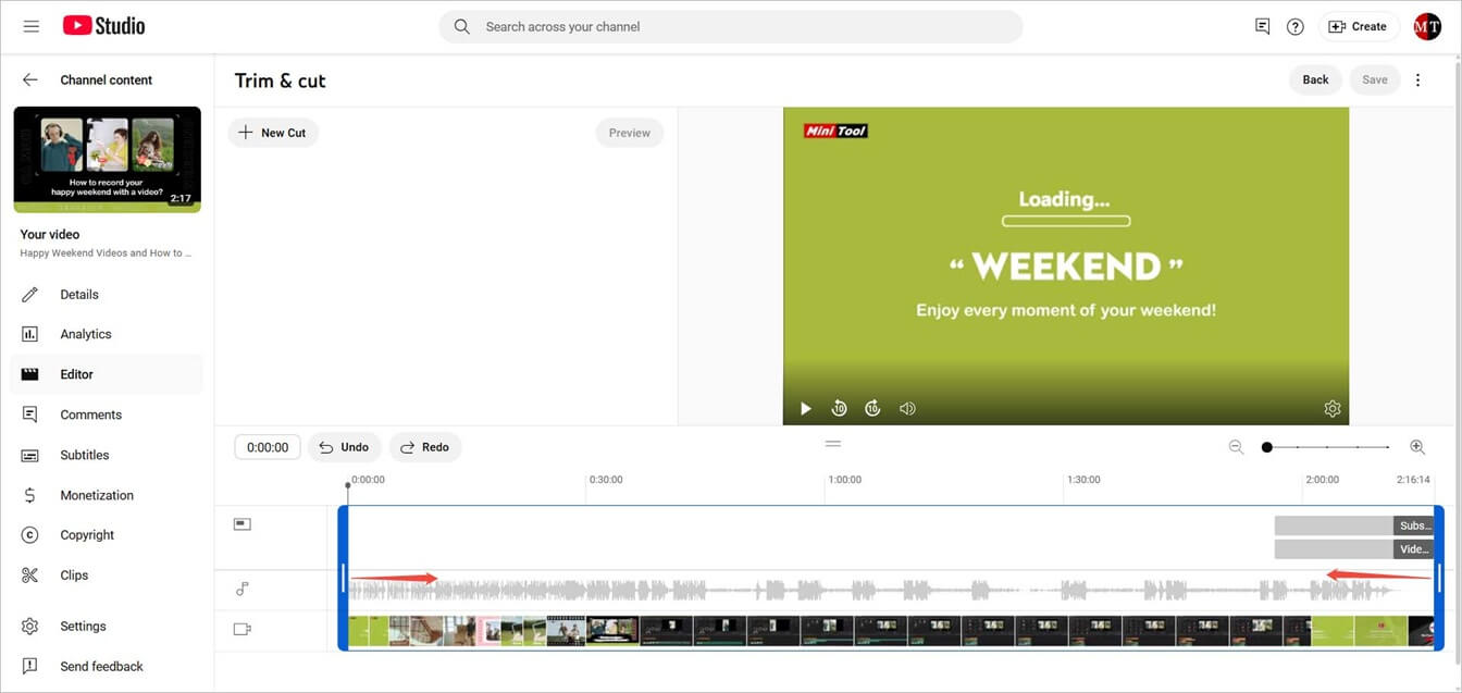 Video editor page in YouTube Studio showing how to trim a video.