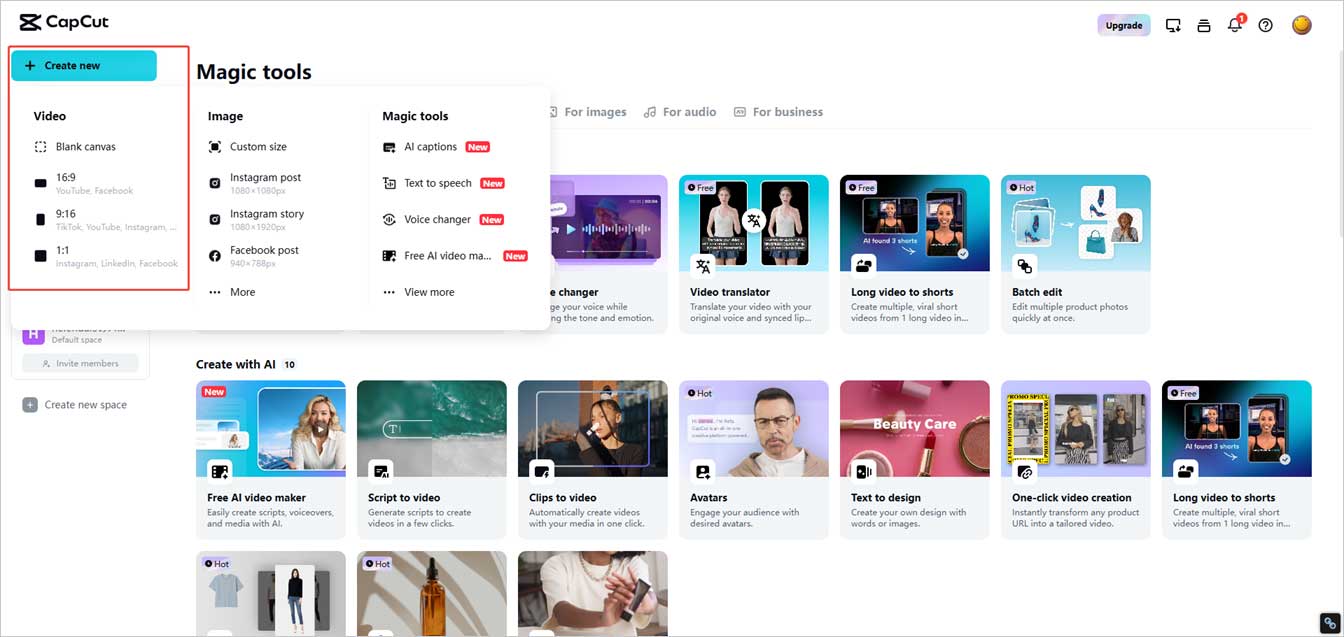CapCut Online interface with the Create new button and the video aspect ratio options selected.