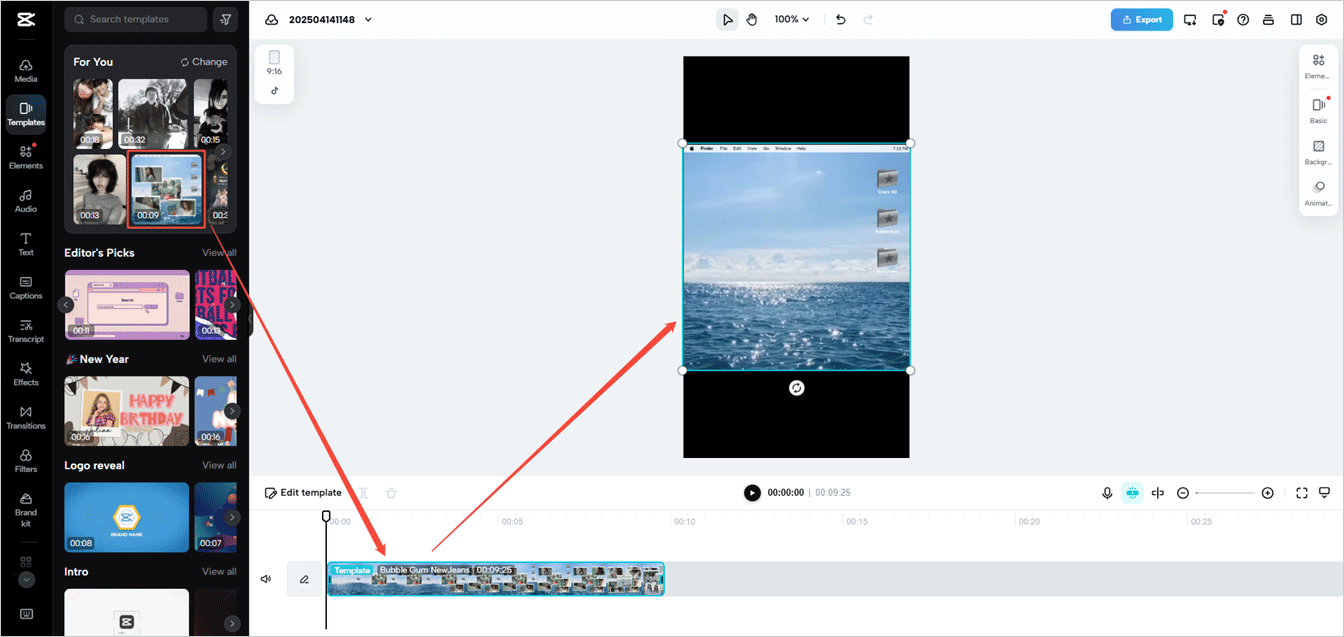 CapCut Online page showing how to add a template to a video and preview it.