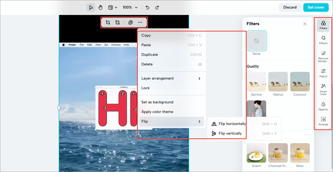 The edit video cover page of CapCut Online with the editing options highlighted.