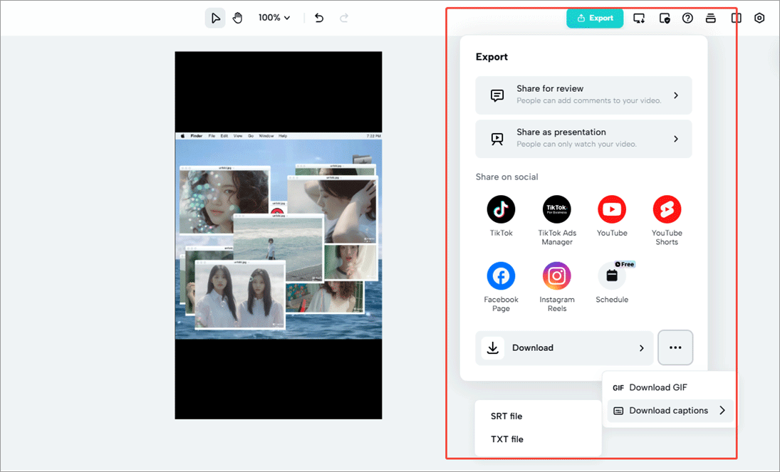 CapCut Online page showing how to export and download the edited video.