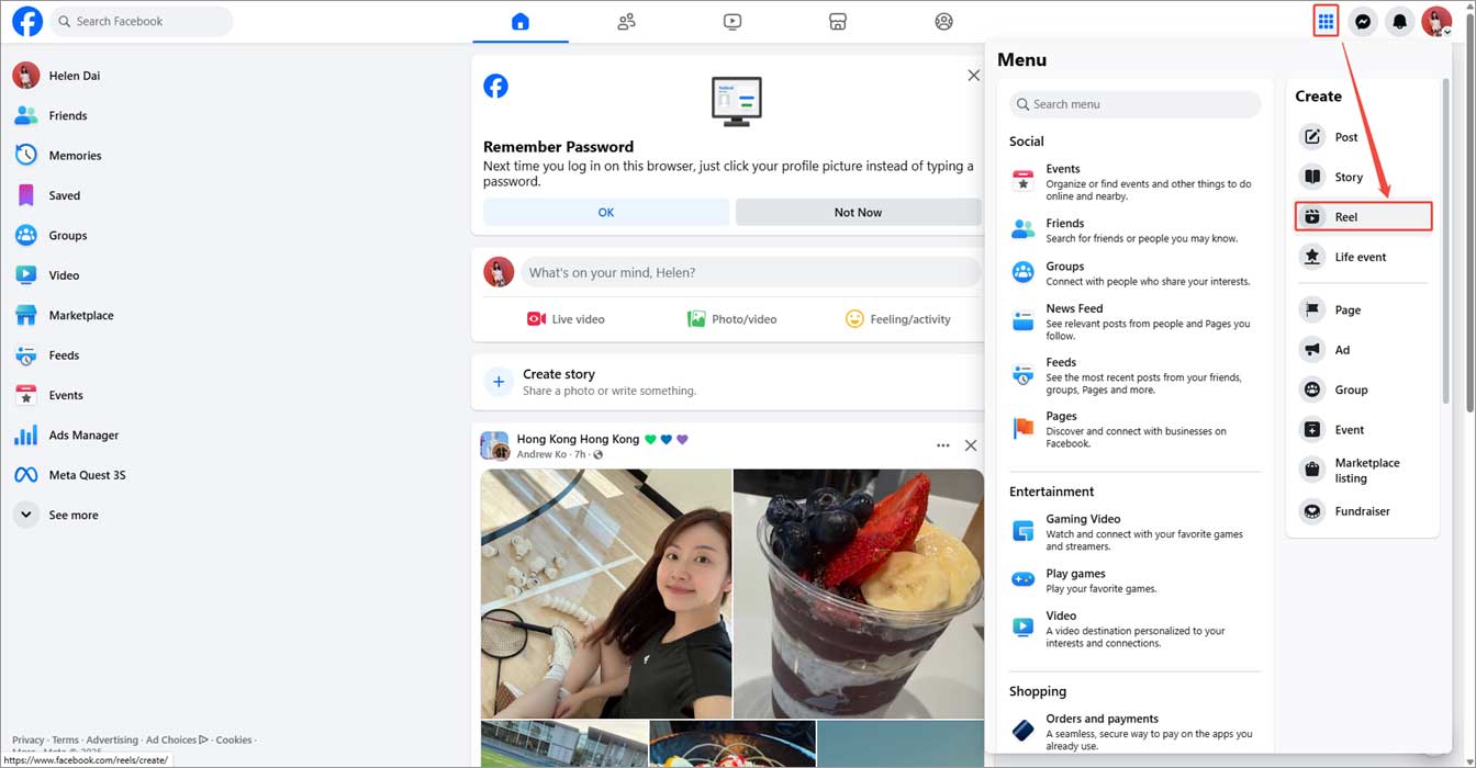 Facebook homepage showing how to create a new reel.