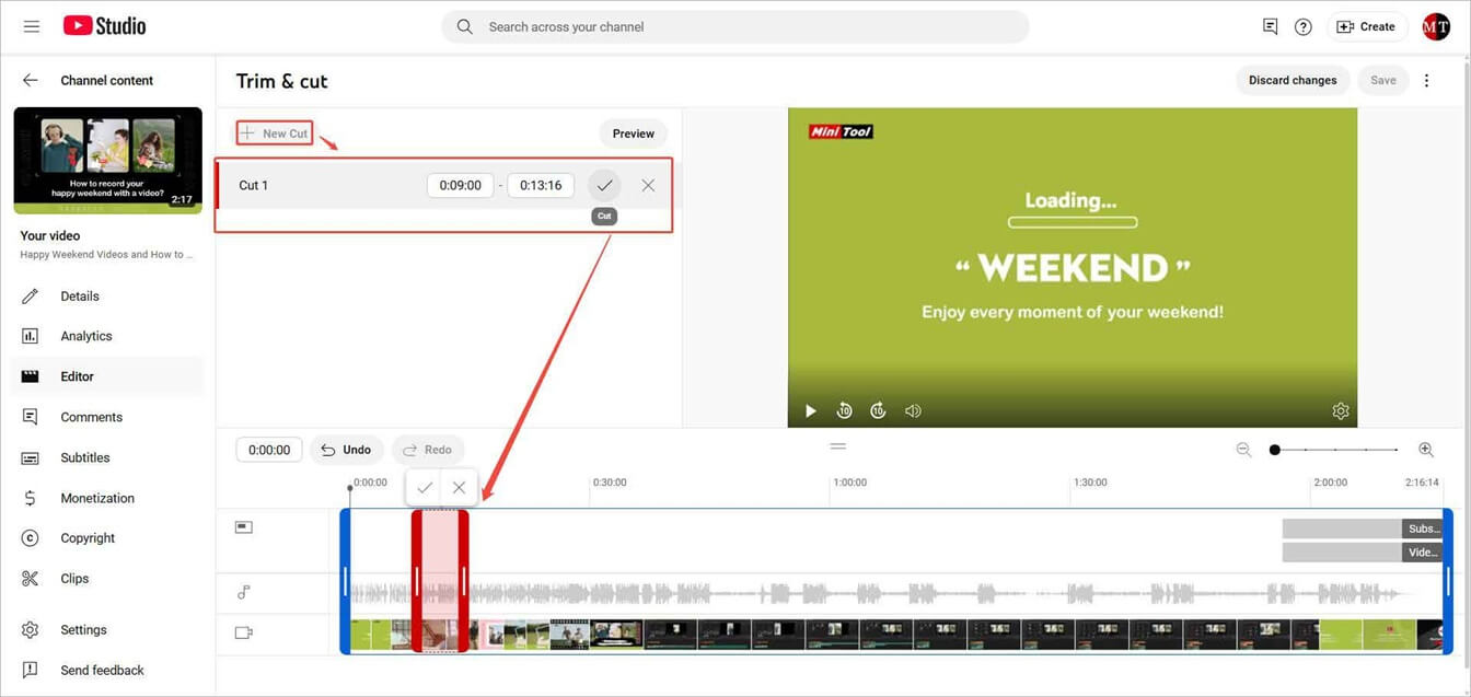 Video editor page in YouTube Studio showing how to cut a part off a video.