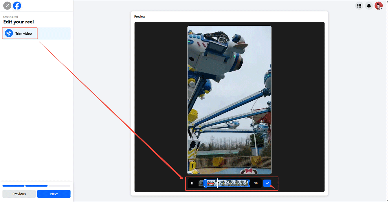 Facebook Edit your reel page showing how to trim the video.