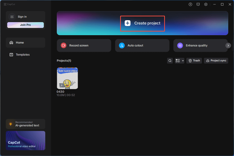 CapCut Home page with the Create project option selected.