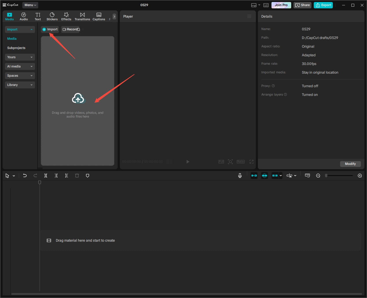 CapCut interface showing two ways to upload media files to its library.